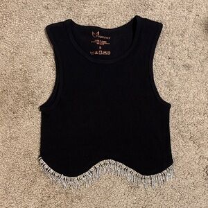 Black Sleeveless Top with Silver Fringe